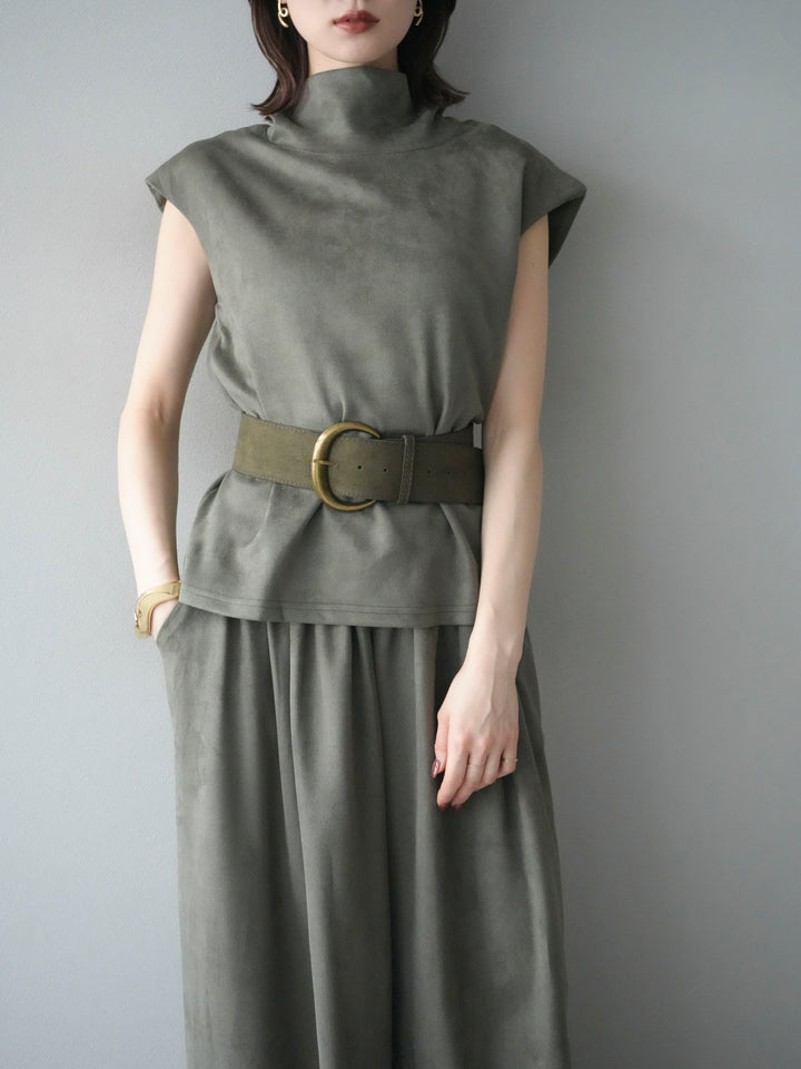 [SET]ベルト付スエードハイネックプルオーバー＆ワイドパンツSET UP
