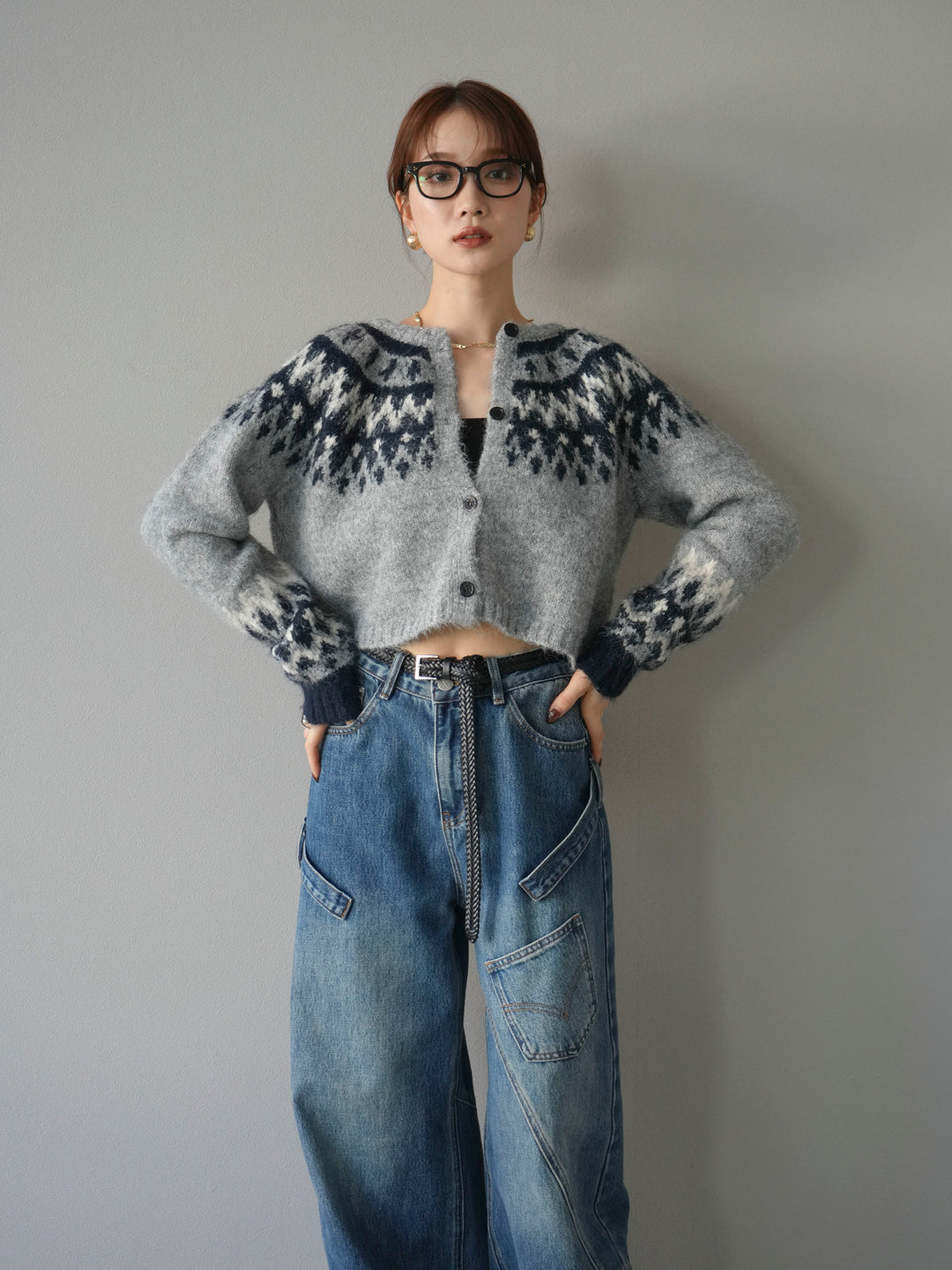 【着回しセット】[SET]求心柄クロップドニットカーディガン+ミックスヤーンペイズリー柄ニットカーディガン+ペインターカーブデニムパンツ(3set)