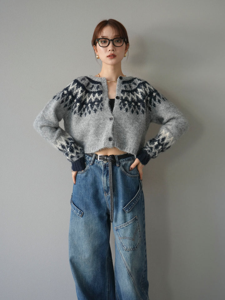 【着回しセット】[SET]求心柄クロップドニットカーディガン+ミックスヤーンペイズリー柄ニットカーディガン+ペインターカーブデニムパンツ(3set)