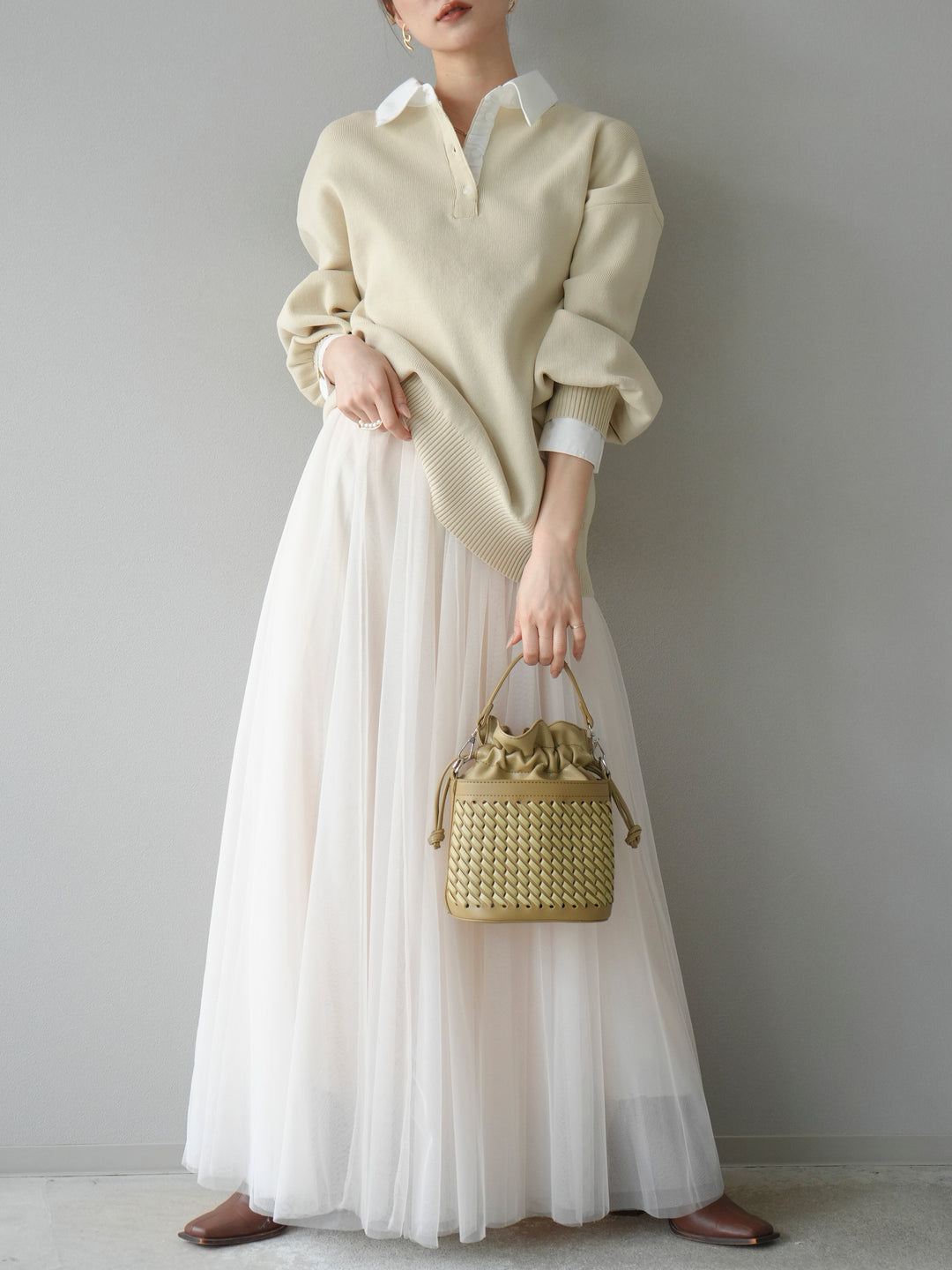 [預購] 領口Polo針織套衫/象牙白