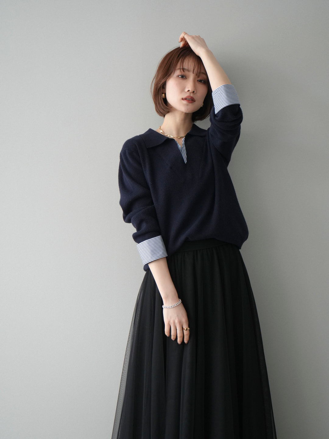 [予約]シャツレイヤードスキッパーニットプルオーバー/navy