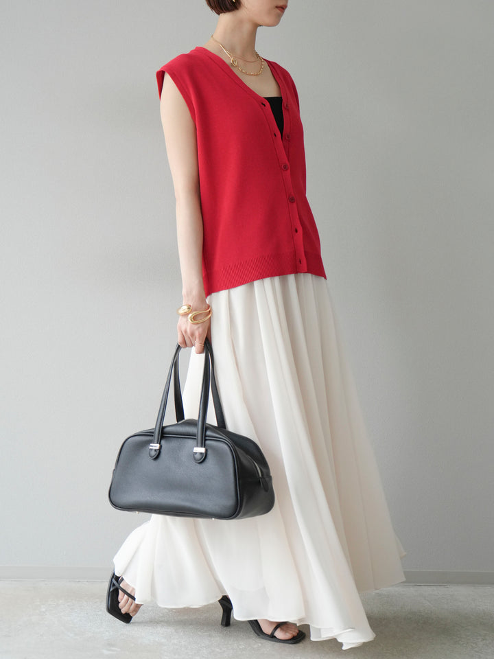 [SET] V領人造絲針織背心+雪紡喇叭裙（2件組）