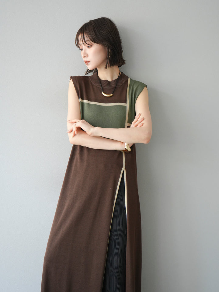 [SET] 配色開衩針織洋裝 + 波浪滾邊休閒褲 (2件套)