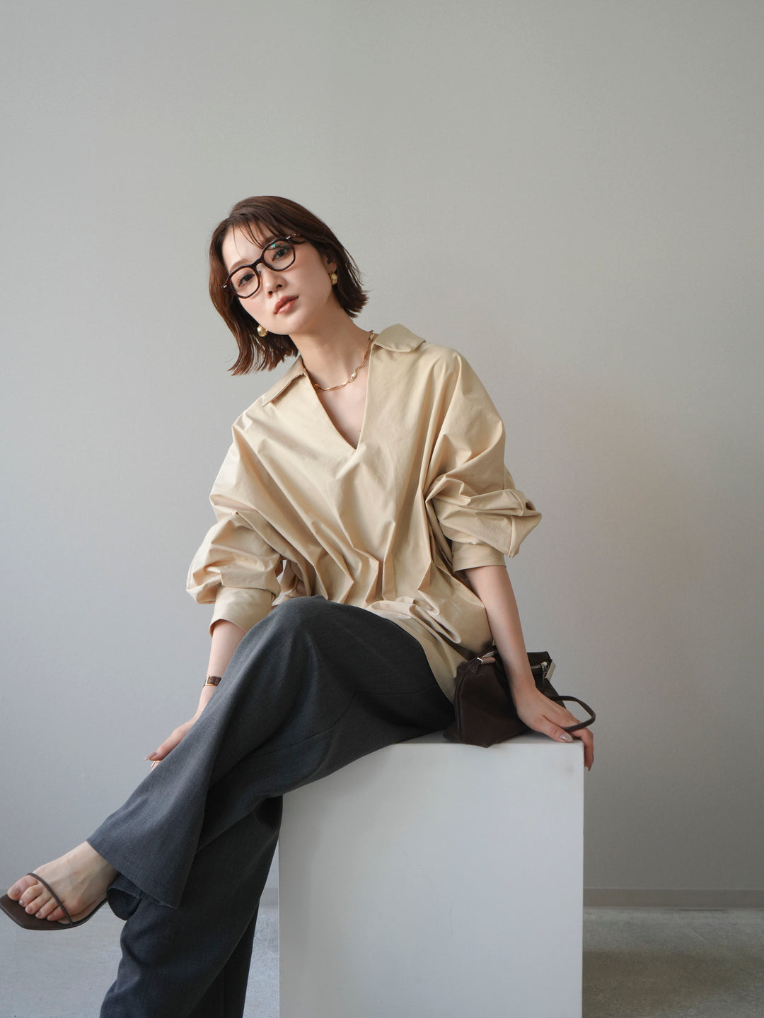 [予約]ウエストギャザースキッパーシャツ/beige