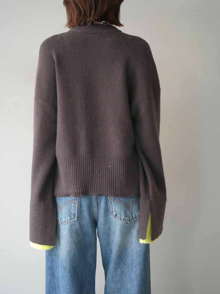 [予約]袖レイヤード配色ニットプルオーバー/brown