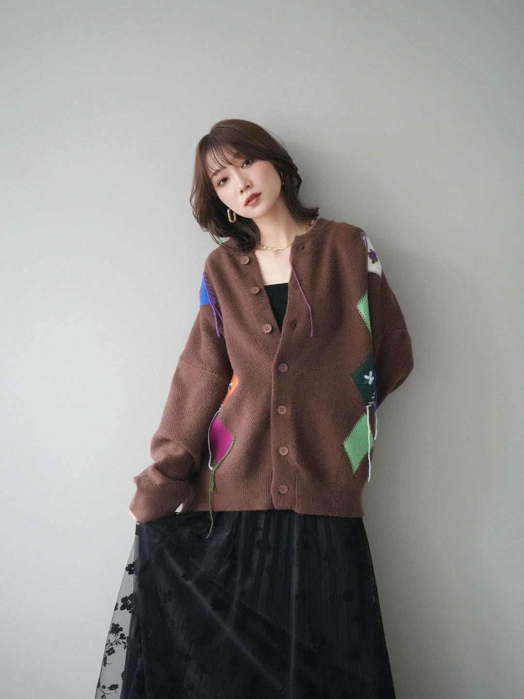 [予約]ハンドステッチアーガイルデザインニットカーディガン/brown