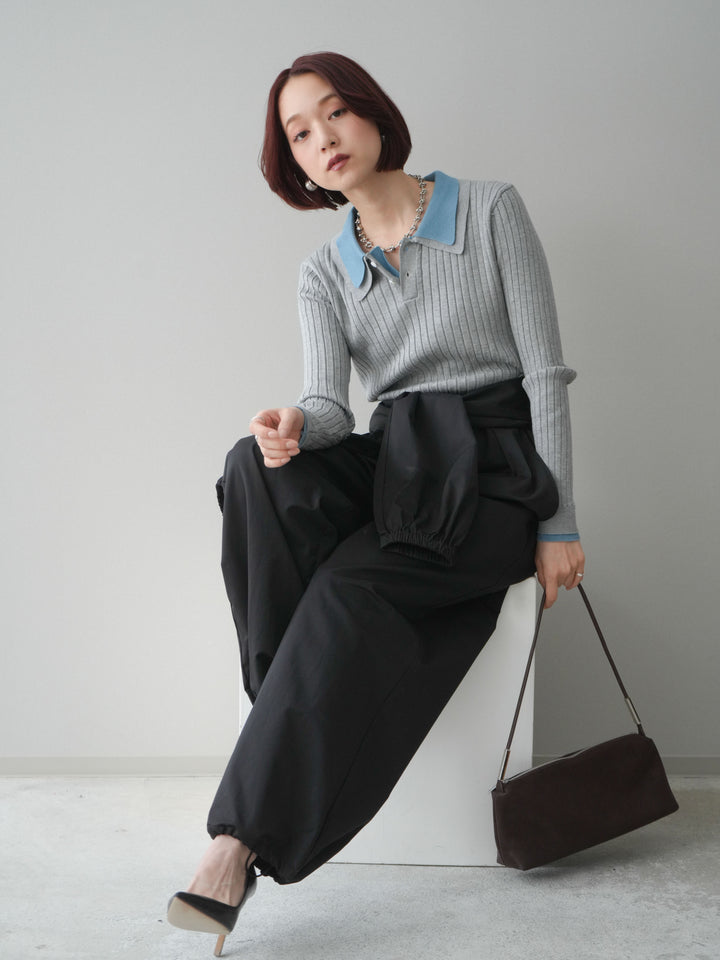 [予約]ダブル襟ポロリブニットトップス/gray