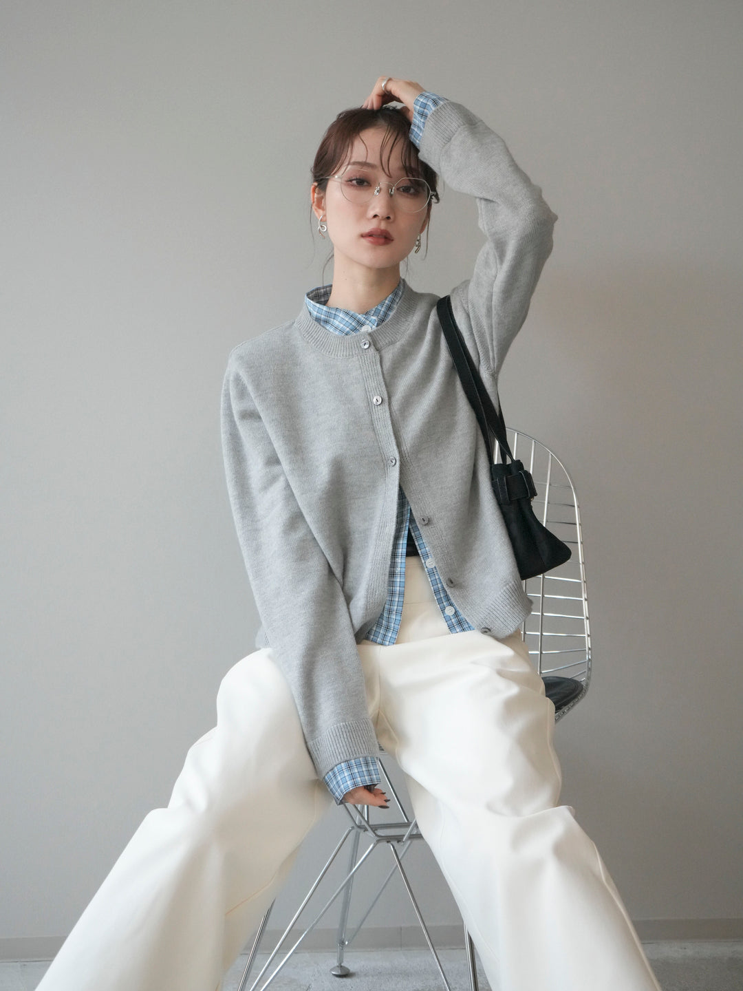 [予約]チェックシャツレイヤードデザインニットカーディガン/gray