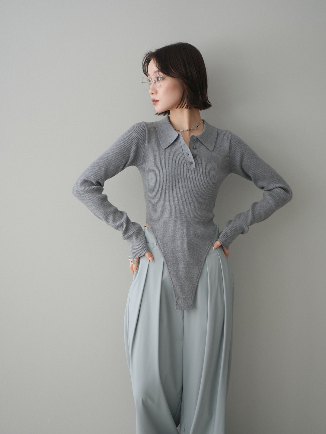 [予約]リブポロニットボディスーツ/mokugray