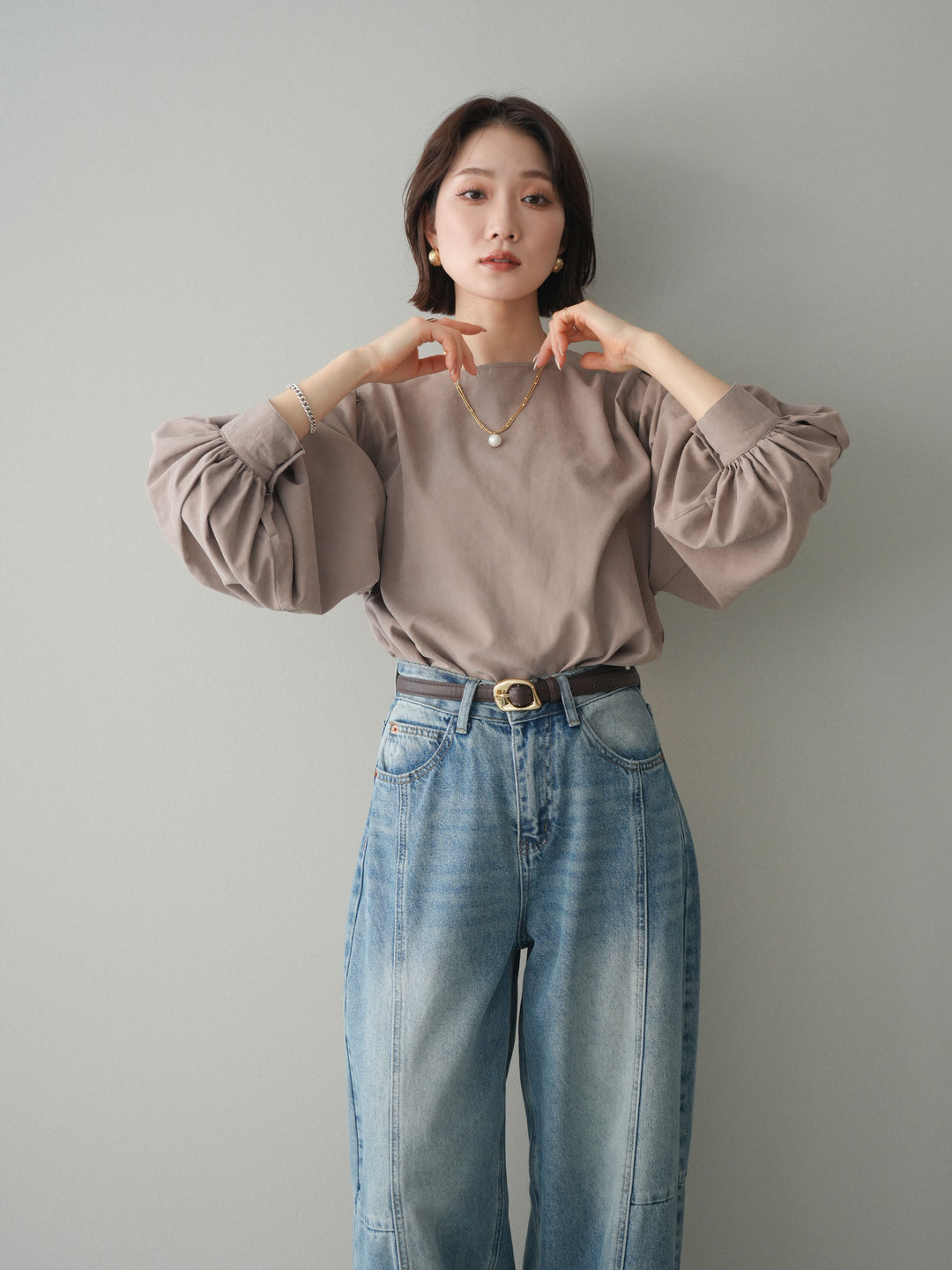 [予約]2WAYピーチスキンボリュームスリーブブラウス/mocha