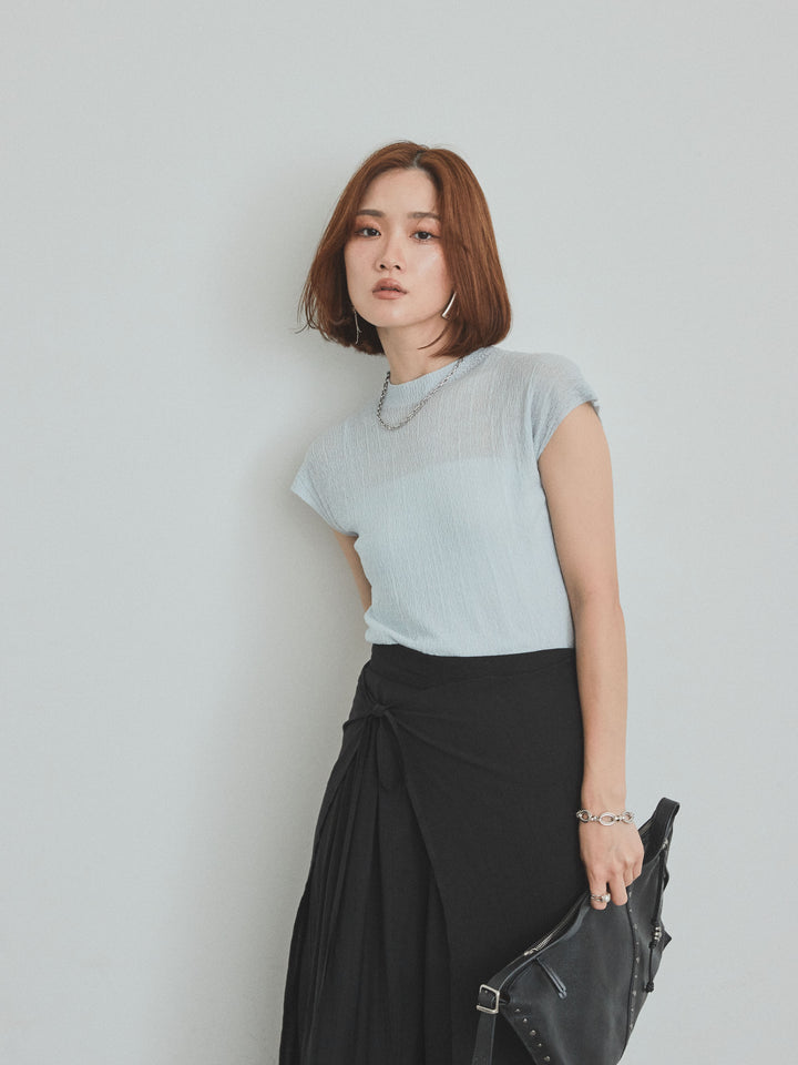 [SET]フレンチスリーブシアーニットトップス+ワッシャーサテンレイヤードスカートパンツ(2set)