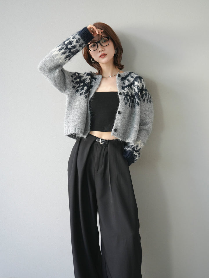 [SET]求心柄クロップドニットカーディガン+ベルトループデザインワイドパンツ(2set)