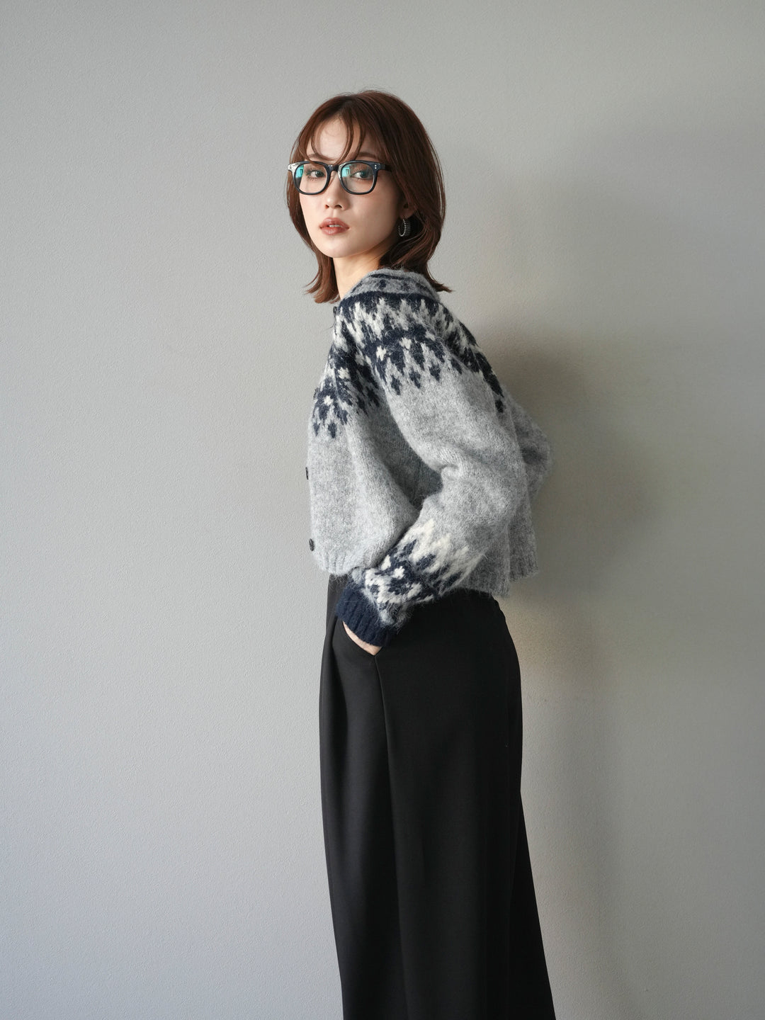 [予約]求心柄クロップドニットカーディガン/gray