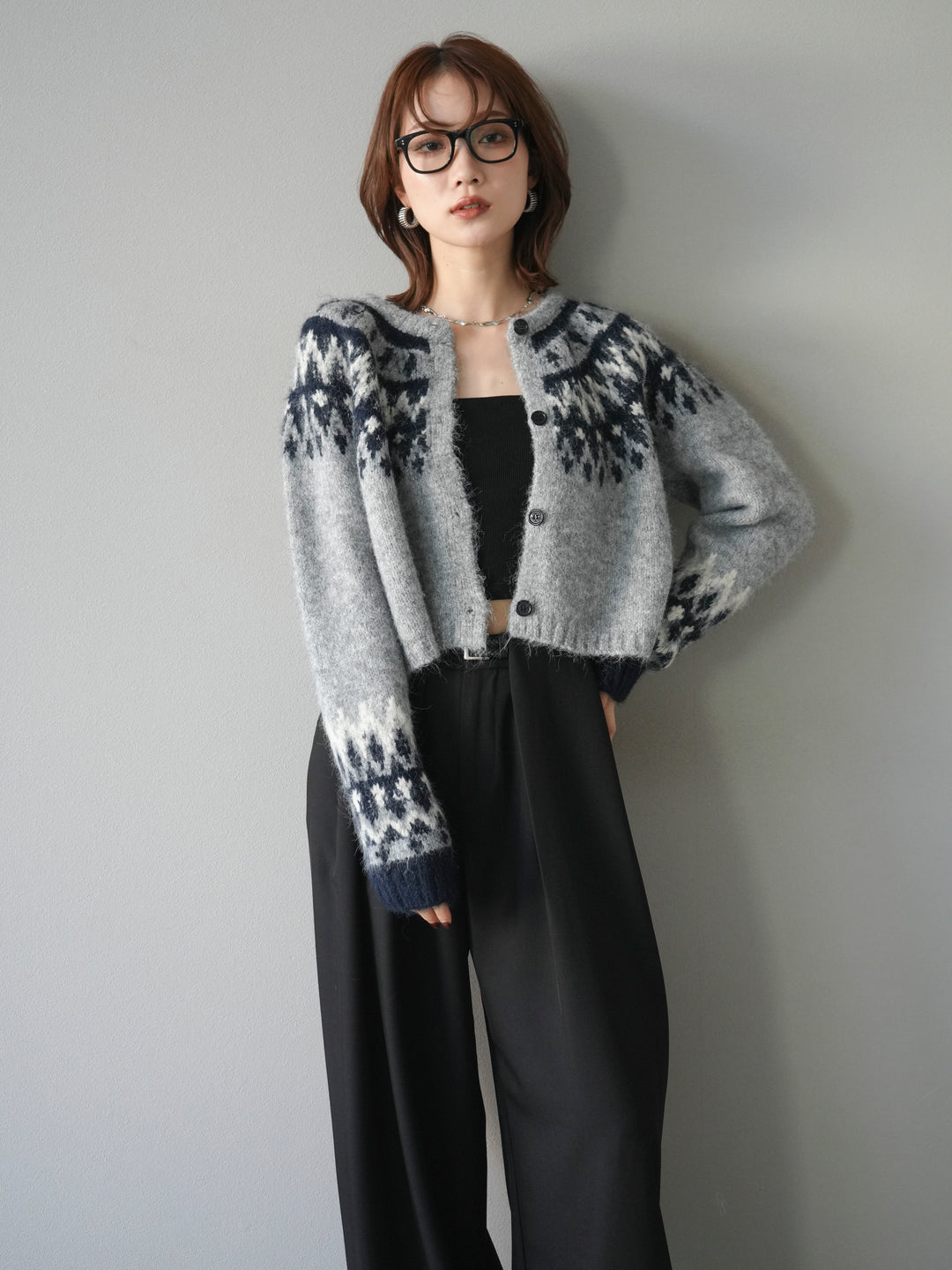 [予約]求心柄クロップドニットカーディガン/gray