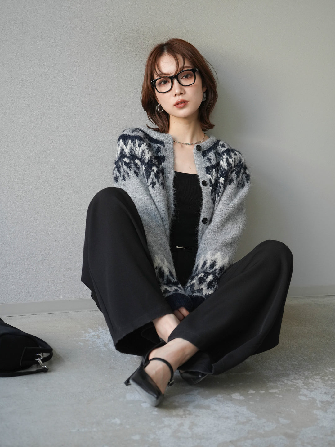 [予約]求心柄クロップドニットカーディガン/gray