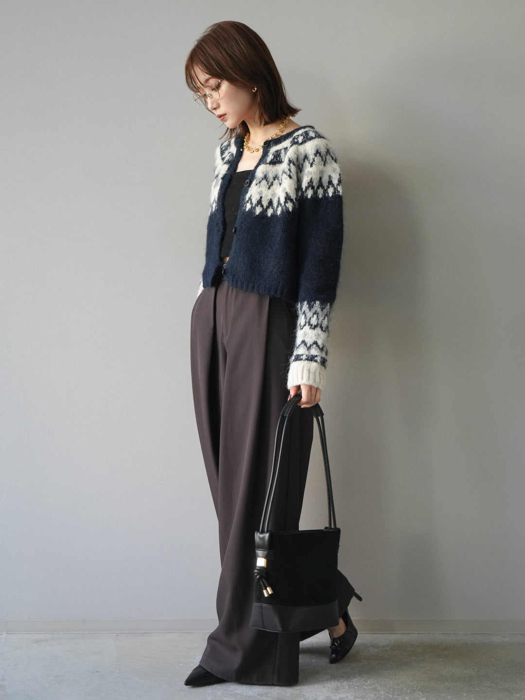 [SET]求心柄クロップドニットカーディガン+ベルトループデザインワイドパンツ(2set)