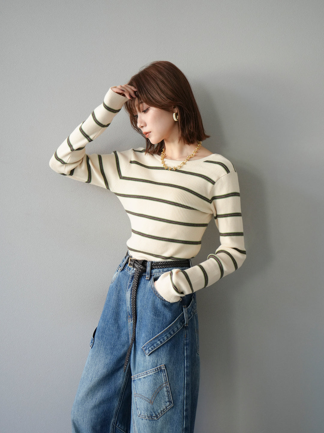 【SET】後開條紋毛圈羅紋上衣+畫家曲線牛仔褲（2件組）