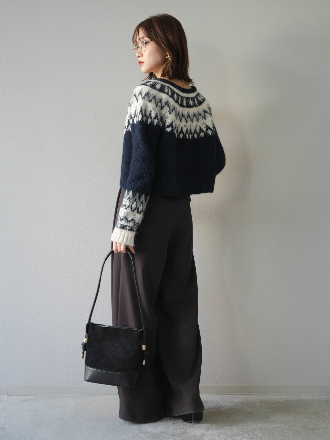 [SET]求心柄クロップドニットカーディガン+ベルトループデザインワイドパンツ(2set)