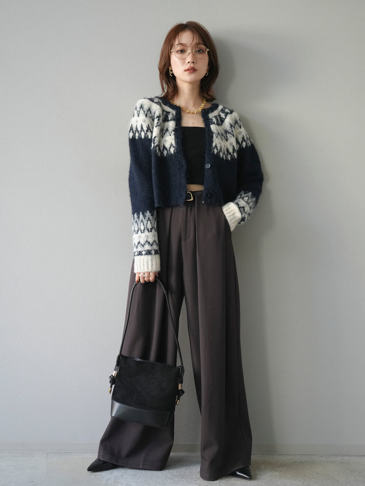 [SET]求心柄クロップドニットカーディガン+ベルトループデザインワイドパンツ(2set)