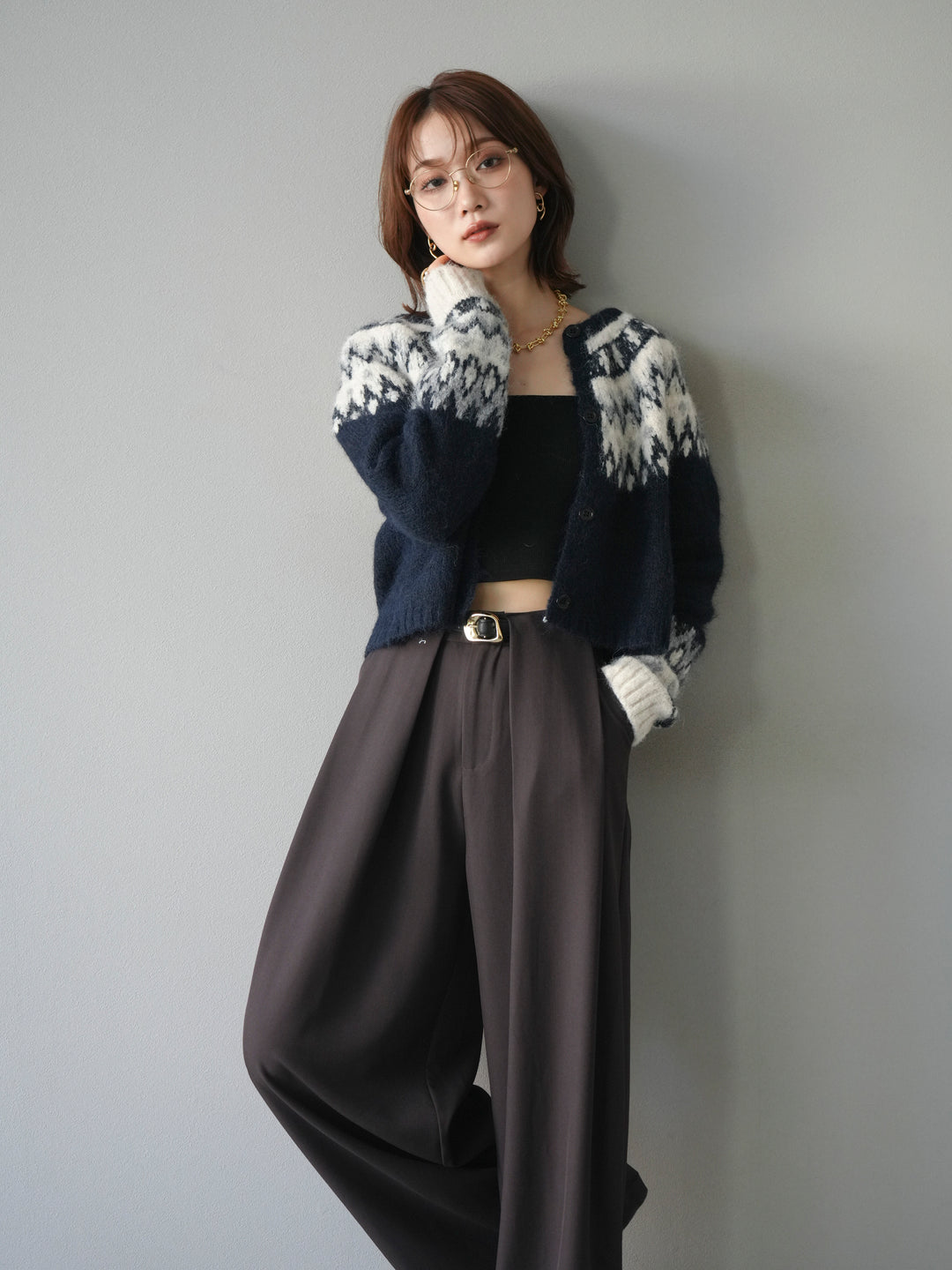 [SET]求心柄クロップドニットカーディガン+ベルトループデザインワイドパンツ(2set)