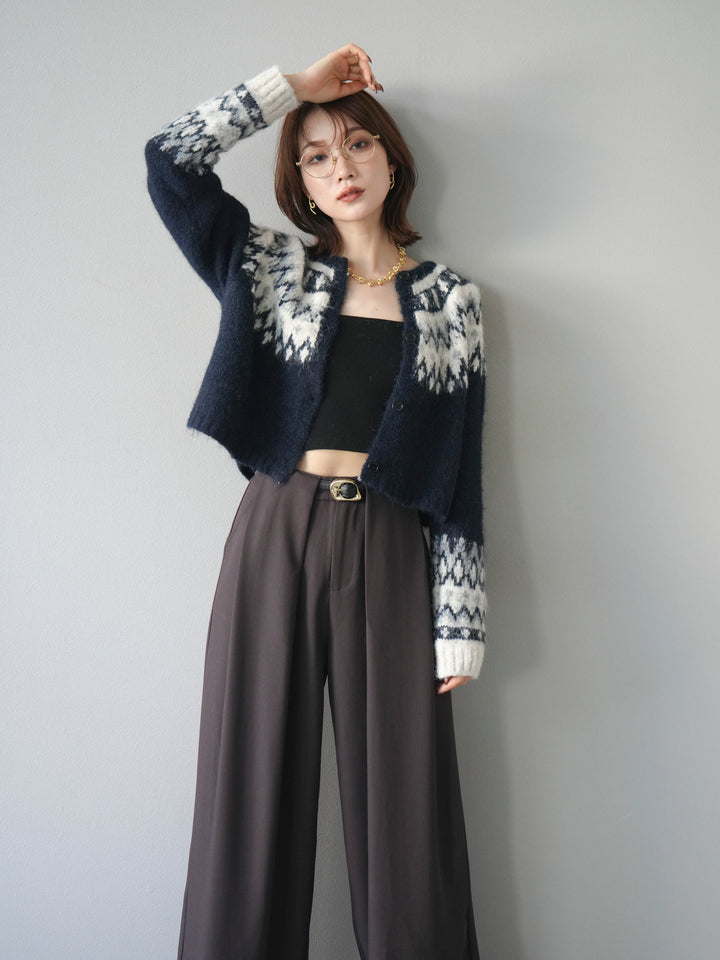 [SET]求心柄クロップドニットカーディガン+ベルトループデザインワイドパンツ(2set)
