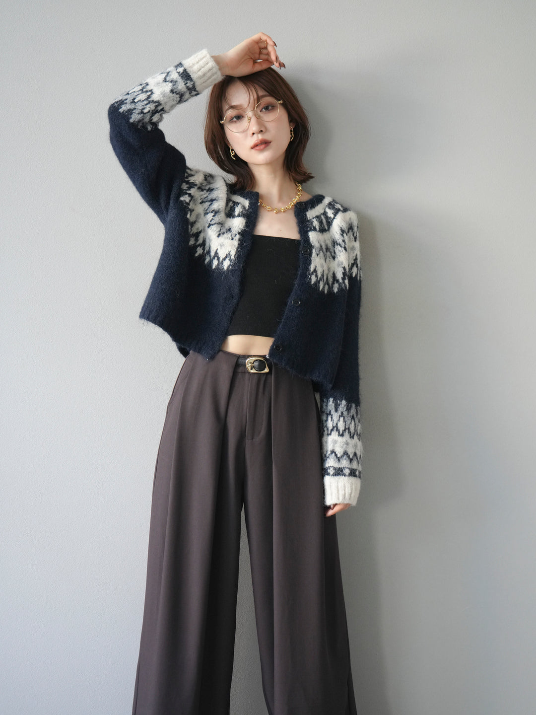 [SET]求心柄クロップドニットカーディガン+選べるアクセセット(2set)