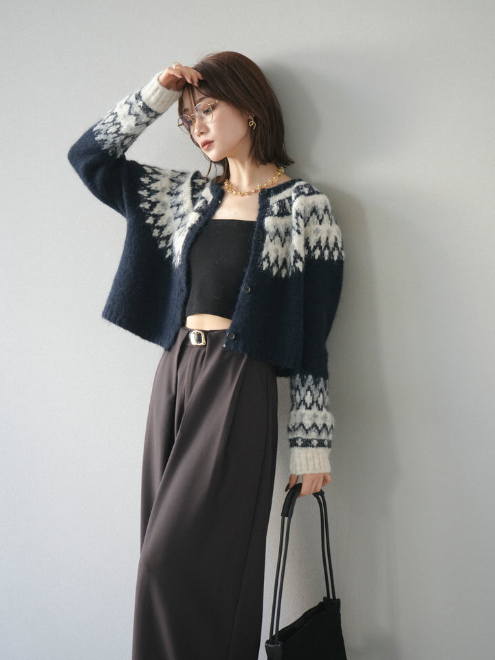 [SET]求心柄クロップドニットカーディガン+ベルトループデザインワイドパンツ(2set)