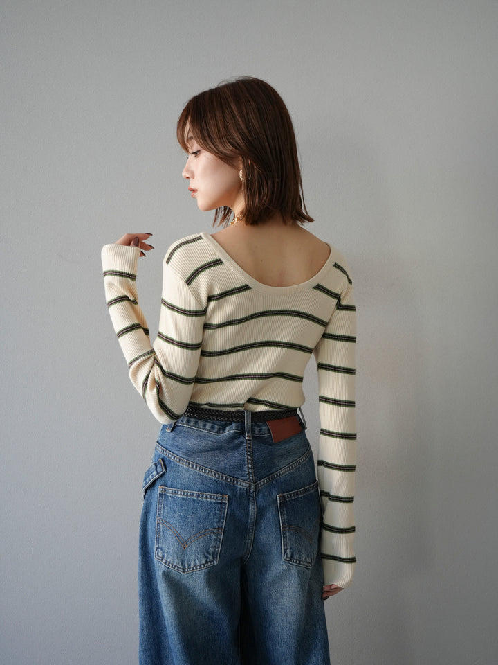 【SET】後開條紋毛圈羅紋上衣+畫家曲線牛仔褲（2件組）