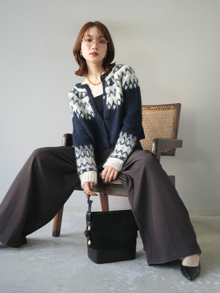 [SET]求心柄クロップドニットカーディガン+ベルトループデザインワイドパンツ(2set)