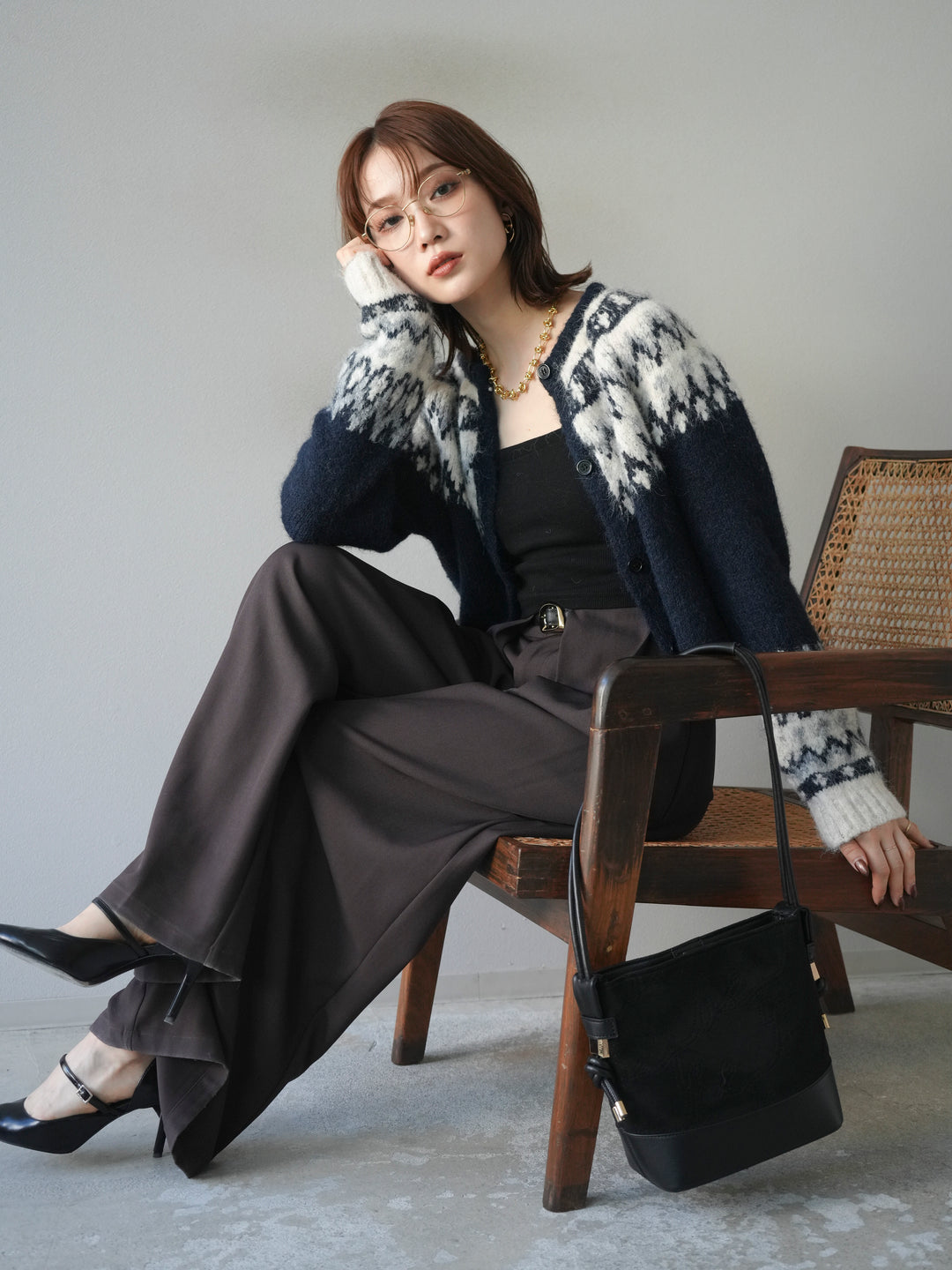 [予約]求心柄クロップドニットカーディガン/navy