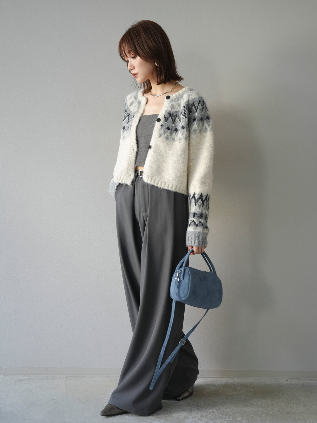 [SET]求心柄クロップドニットカーディガン+ベルトループデザインワイドパンツ(2set)
