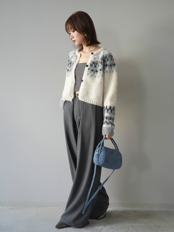 [SET]求心柄クロップドニットカーディガン+ベルトループデザインワイドパンツ(2set)