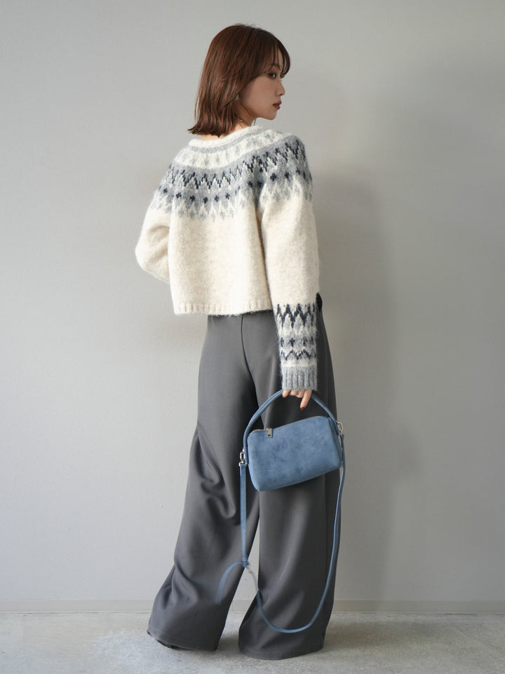 [SET]求心柄クロップドニットカーディガン+ベルトループデザインワイドパンツ(2set)