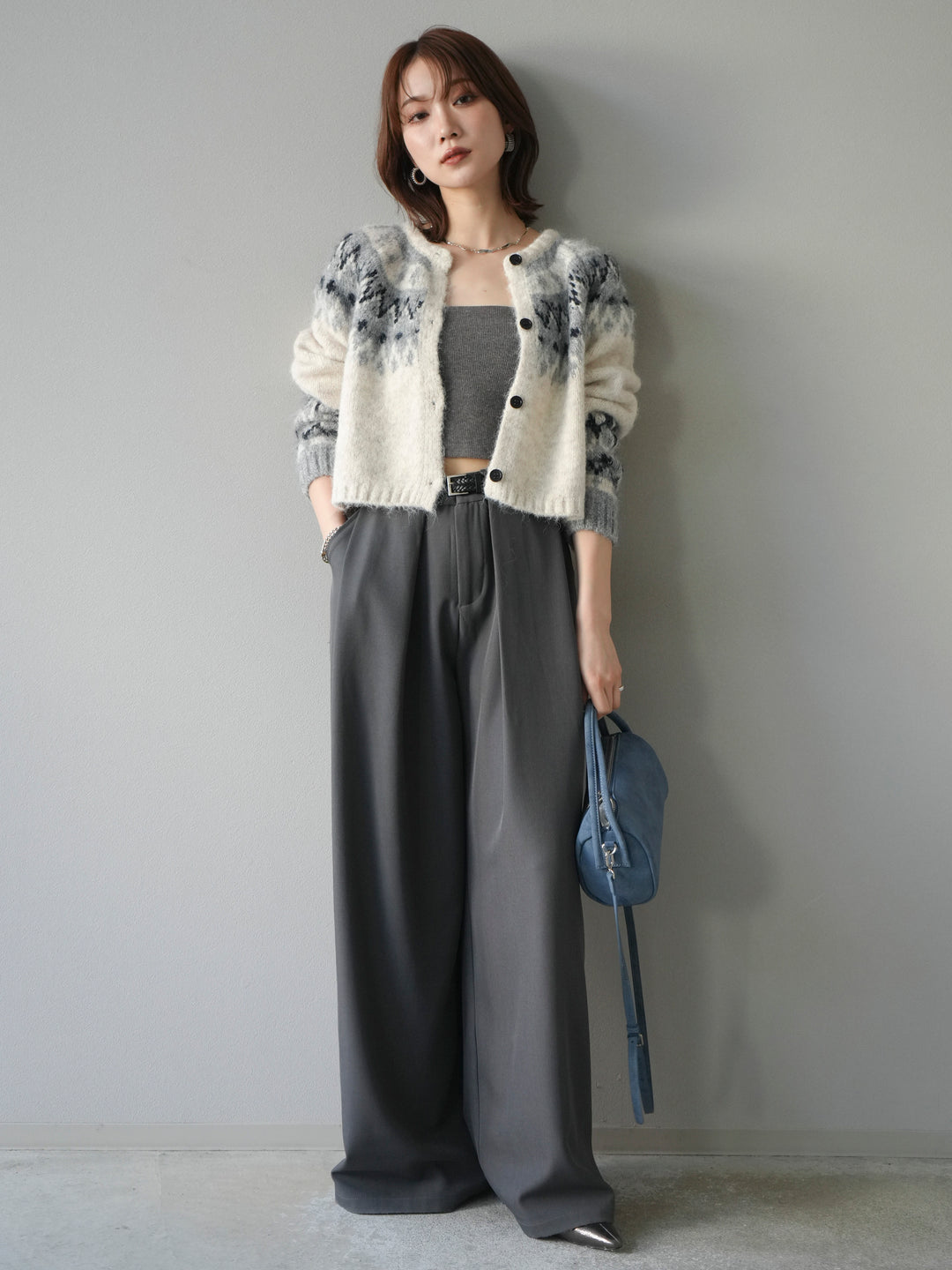[SET]求心柄クロップドニットカーディガン+ベルトループデザインワイドパンツ(2set)