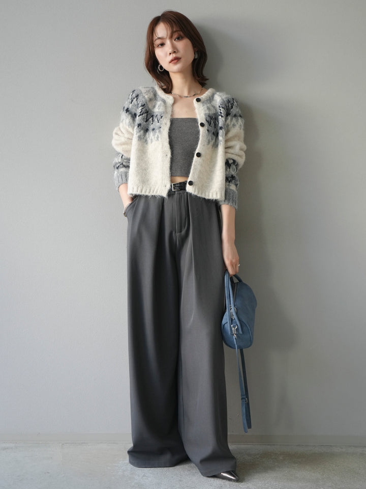 [SET]求心柄クロップドニットカーディガン+ベルトループデザインワイドパンツ(2set)