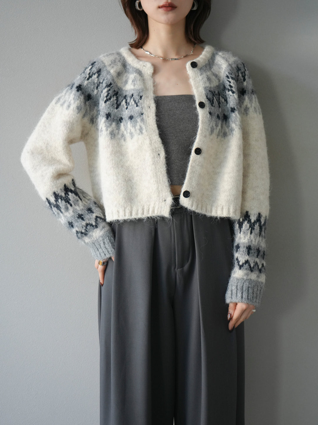 [SET]求心柄クロップドニットカーディガン+ベルトループデザインワイドパンツ(2set)