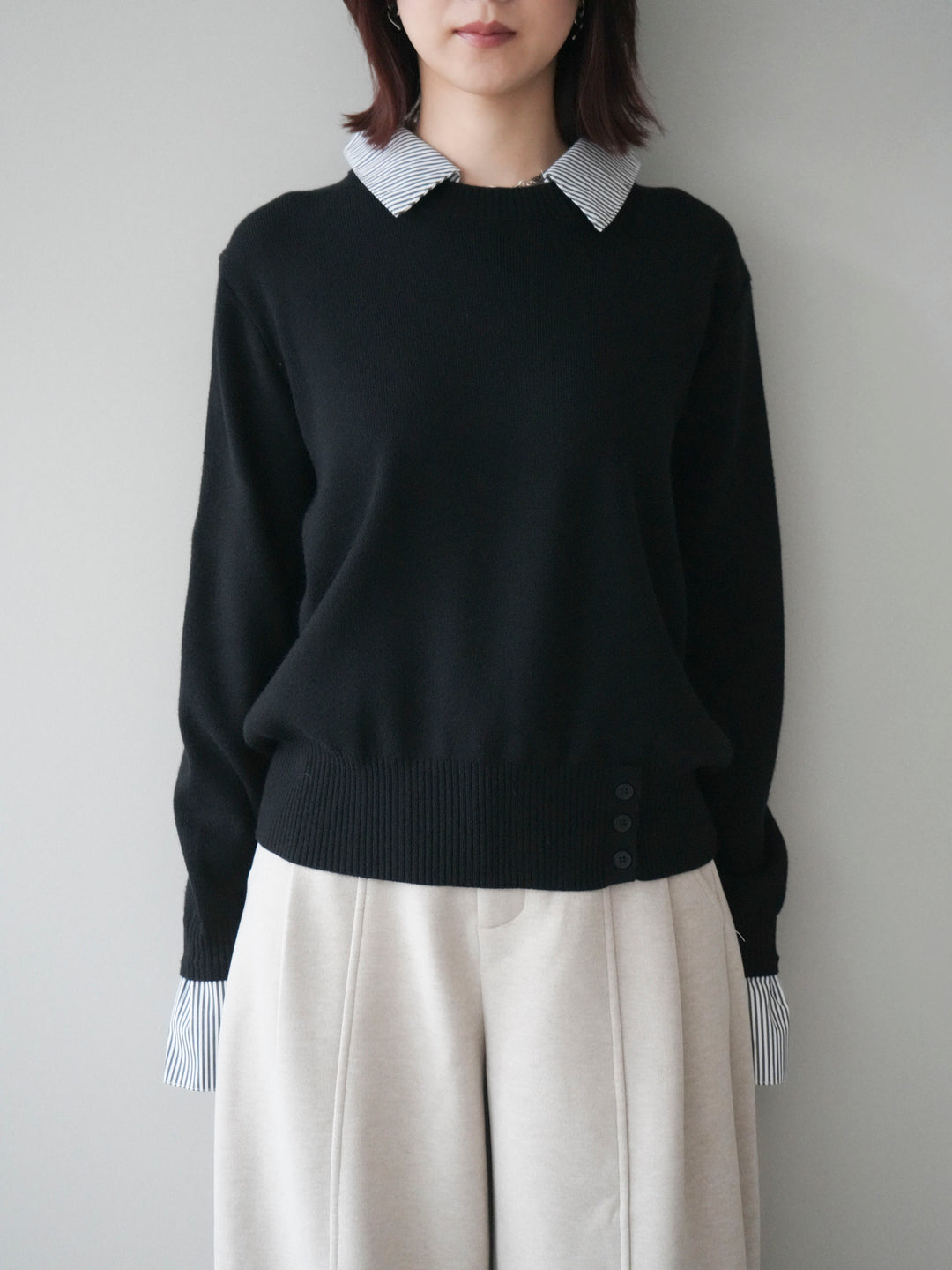[予約]シャツドッキングデザイン裾ボタンニットプルオーバー/black