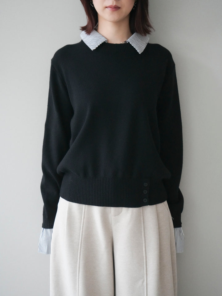 [予約]シャツドッキングデザイン裾ボタンニットプルオーバー/black