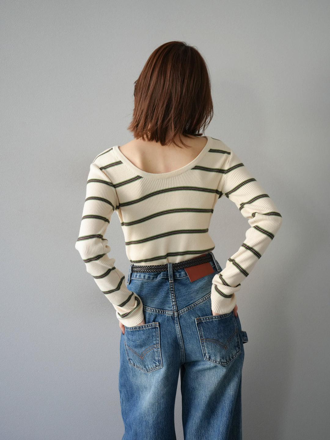 【SET】後開條紋毛圈羅紋上衣+畫家曲線牛仔褲（2件組）