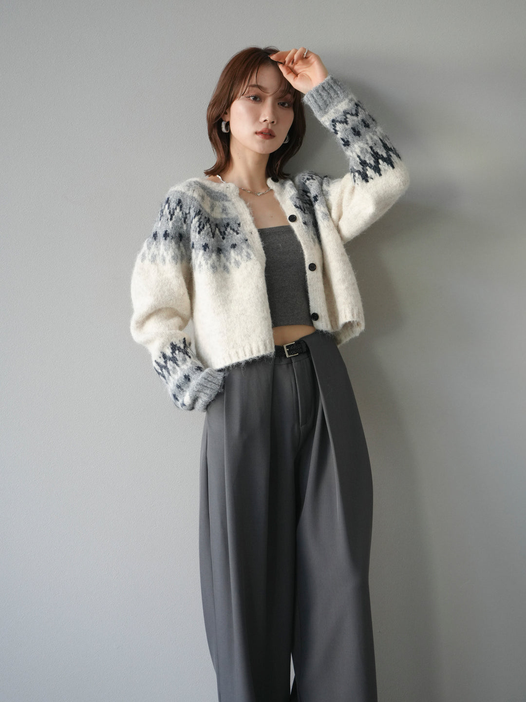 [SET]求心柄クロップドニットカーディガン+ベルトループデザインワイドパンツ(2set)