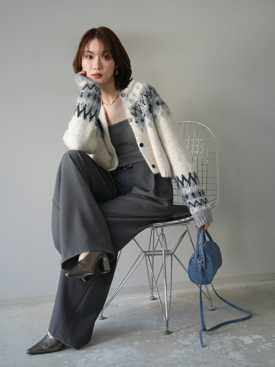 [予約]求心柄クロップドニットカーディガン/ivory