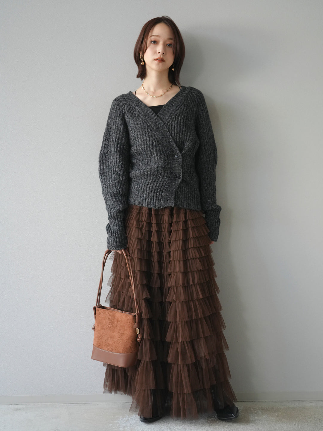 [予約]2WAYボタンニットカーディガン/charcoal