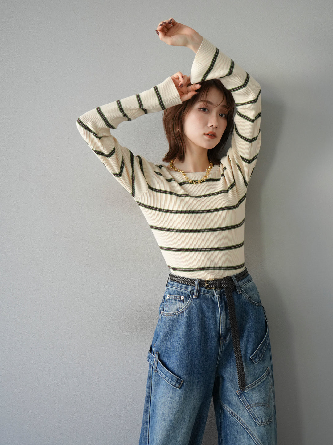 【SET】後開條紋毛圈羅紋上衣+畫家曲線牛仔褲（2件組）