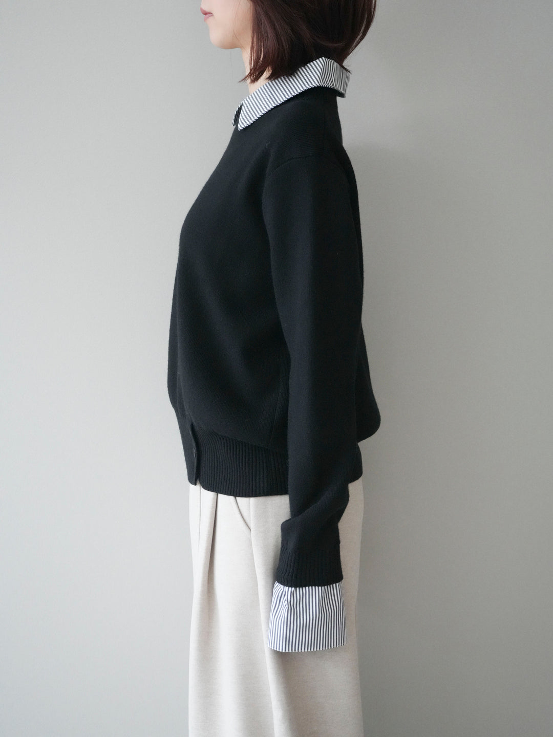 [予約]シャツドッキングデザイン裾ボタンニットプルオーバー/black