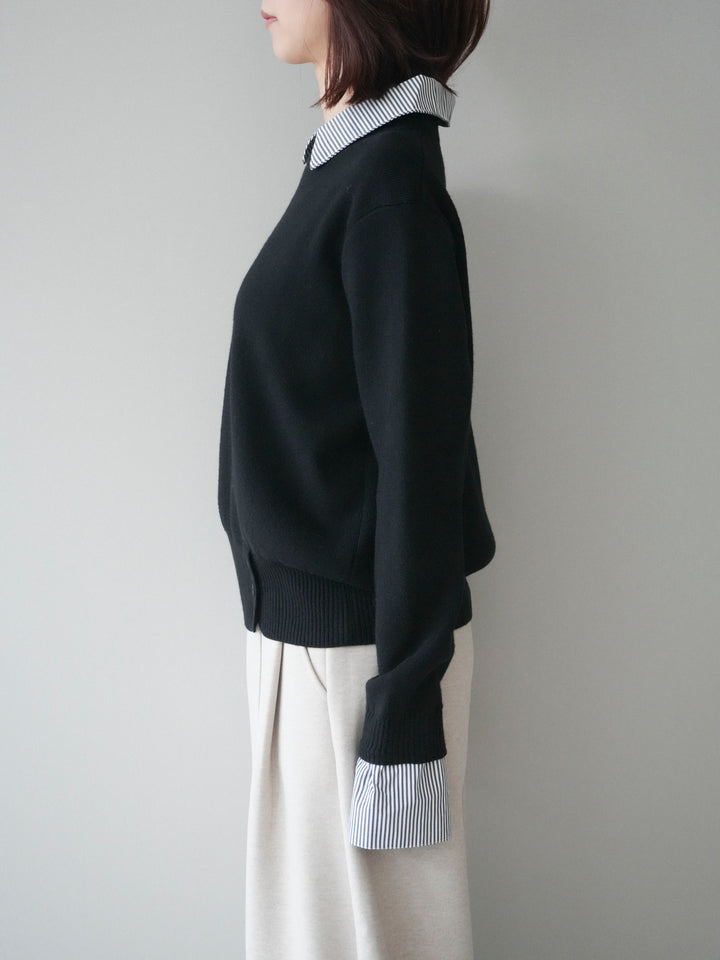 [予約]シャツドッキングデザイン裾ボタンニットプルオーバー/black