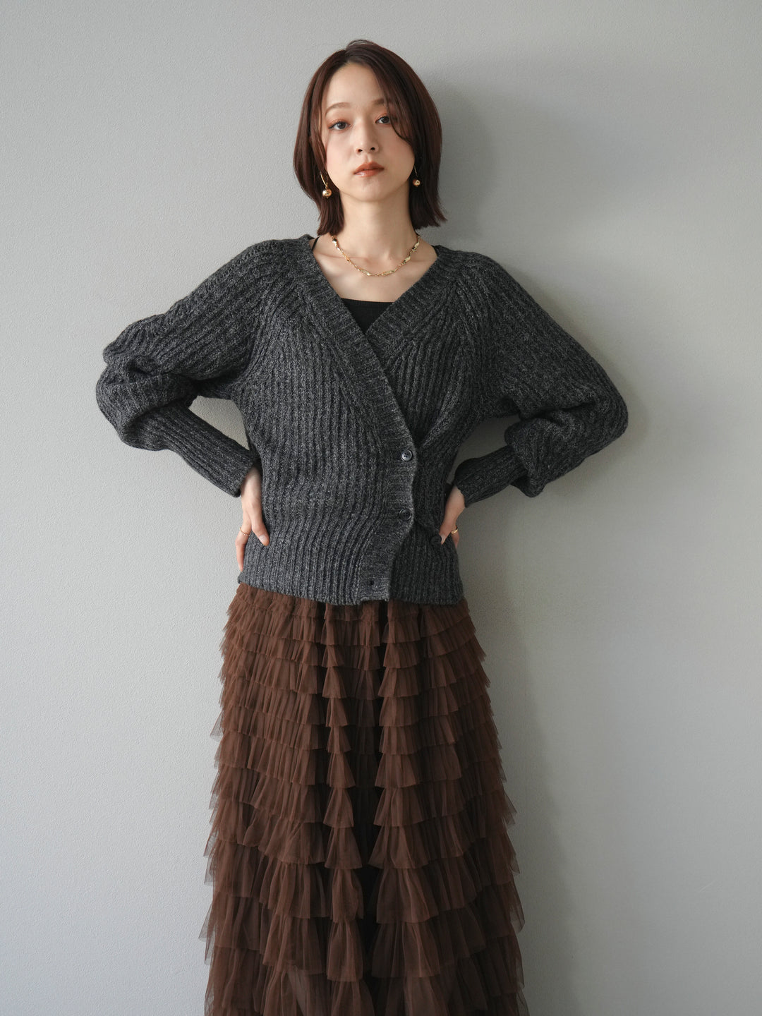 [予約]2WAYボタンニットカーディガン/charcoal