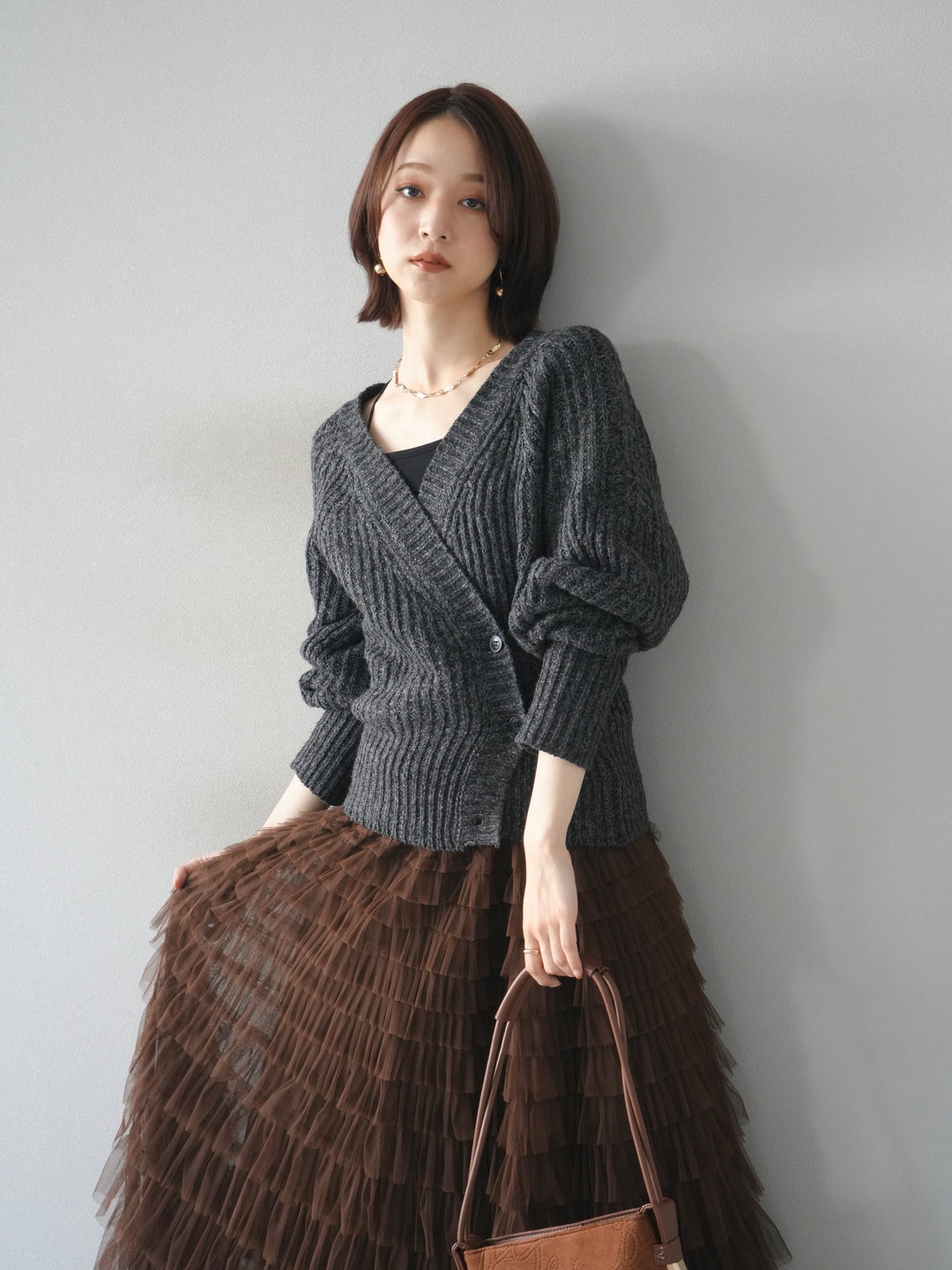 [予約]2WAYボタンニットカーディガン/charcoal