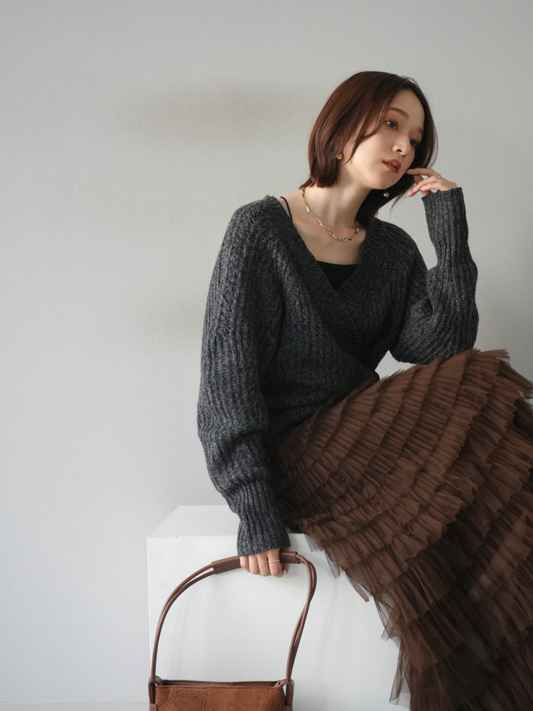 [予約]2WAYボタンニットカーディガン/charcoal