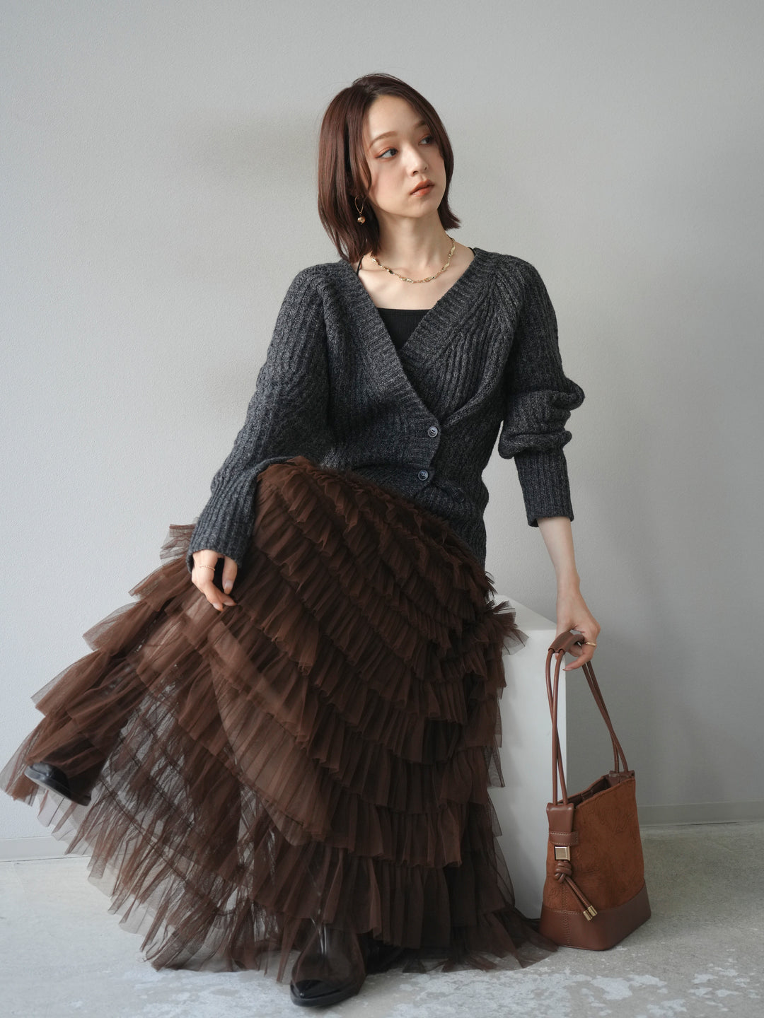 [予約]2WAYボタンニットカーディガン/charcoal