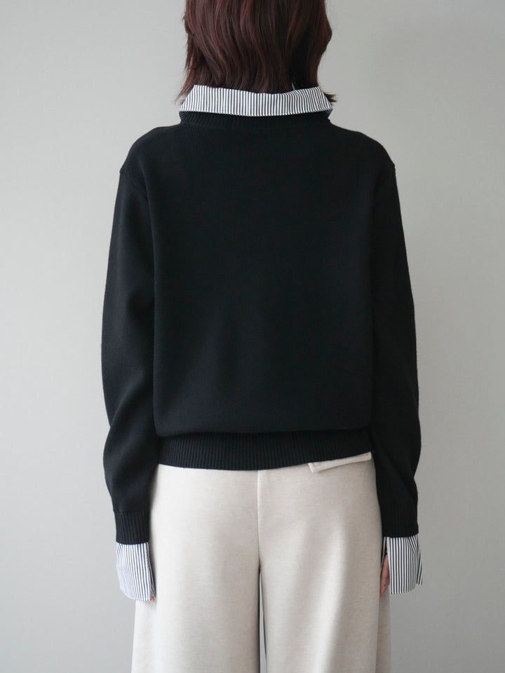 [予約]シャツドッキングデザイン裾ボタンニットプルオーバー/black